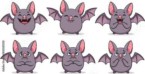 Cute cartoon bat character set with different facial expressions isolated on white background funny bat with happy, sad, and thoughtful emotions