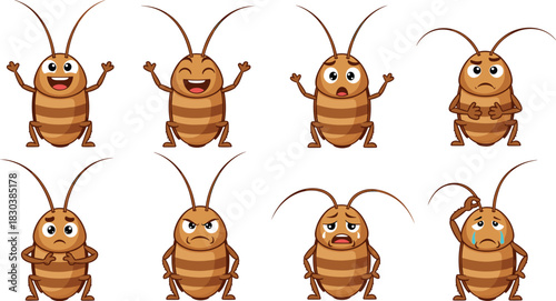 Cartoon cockroach character with different facial expressions isolated on white background cute insect pest with various emotions, vector illustration
