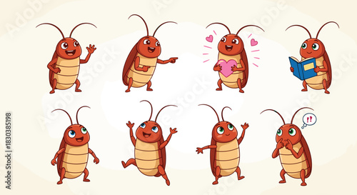 Set of cute cartoon cockroach characters in different poses and expressions vector illustration of funny insect isolated on white background