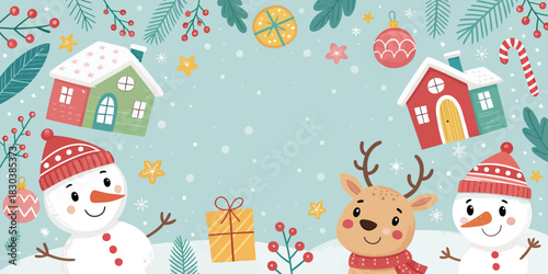 A whimsical children’s Christmas vector background with playful holiday elements, bright colors, and a fun festive vibe in a clean style.