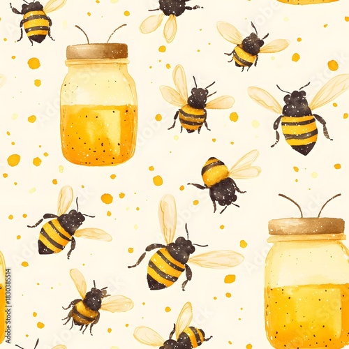 Cute bees flying around honey jars in seamless watercolor pattern with warm tones, perfect for kids’ products, packaging design