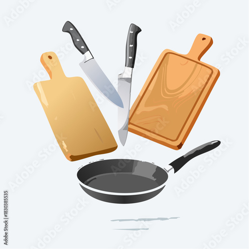 Culinary tools like knives and cutting boards floating above a frying pan, ideal for food preparation and cooking concepts