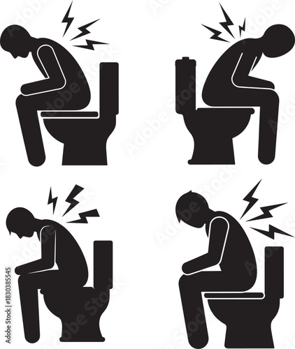 Four silhouettes of people experiencing discomfort on toilet silhouette