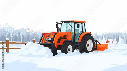 An orange tractor plowing snow in a winter landscape with trees and a fence, showcasing heavy machinery at work.