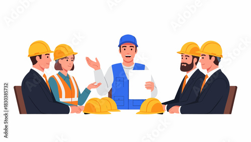 Construction team meeting, discussing project plans, wearing safety helmets, and reviewing documents.