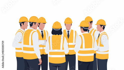 A team of construction professionals, including engineers and a woman, in a safety meeting huddle.