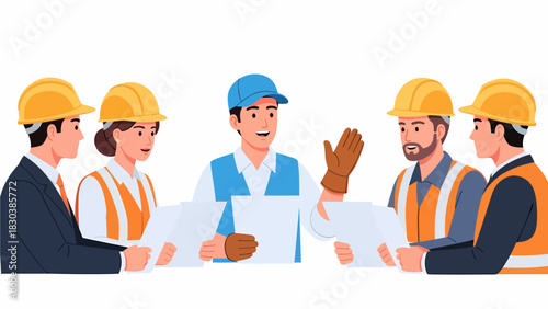 A construction foreman leads a team meeting with engineers and workers reviewing project blueprints.