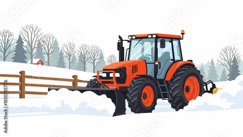 Orange tractor plowing snow in a winter landscape with trees and a fence.