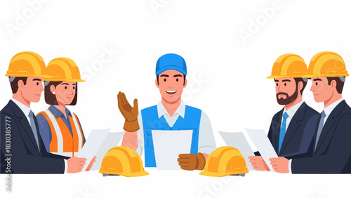 Construction meeting with workers wearing hard hats and discussing plans.