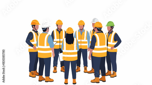 A group of diverse construction workers in hard hats and safety vests standing in a circle, discussing.