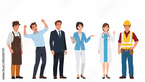 Six diverse people representing various professions and occupations, including a barista, businessman, doctor, and construction worker.