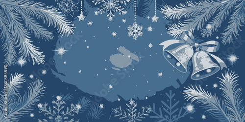 A wintery Christmas vector scene with swirling snow, soft colors, and a calm festive mood in a clean modern style.