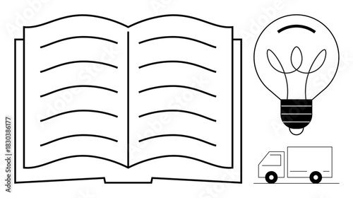 Open book symbolizes knowledge, lightbulb signifies ideas and innovation, delivery truck suggests logistics. Ideal for education, creativity, business, learning, innovation, logistics strategy