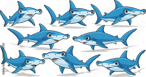 A group of cartoon hammerhead sharks swimming together isolated on white background the sharks are blue and white, and they are all smiling happily