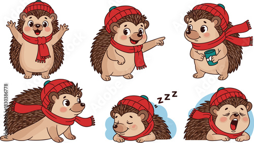 Adorable hedgehog illustrations set isolated on white background collection of cute cartoon hedgehogs wearing red hat and scarf in different poses and actions