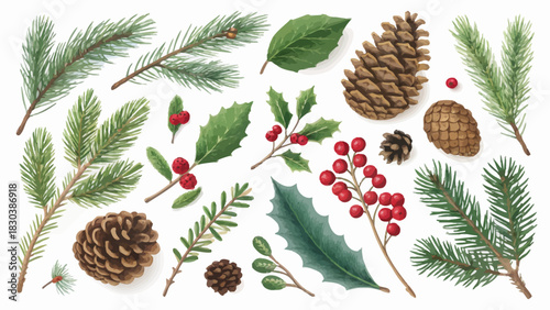 Christmas watercolor painting of assorted christmas foliage including pine cones holly and berries
