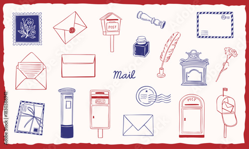 mail post doodle hand drawn illustration collection set