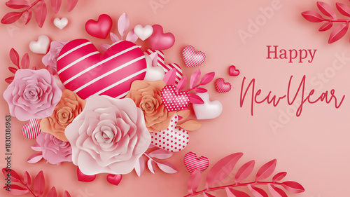Elegant New Year greeting background with roses, decorative hearts, and festive floral elements in soft pink holiday celebration style.