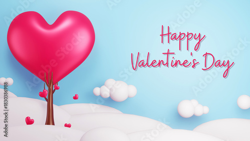 Whimsical heart-shaped tree on soft white clouds under a bright sky creating a romantic Happy Valentine’s Day greeting illustration.