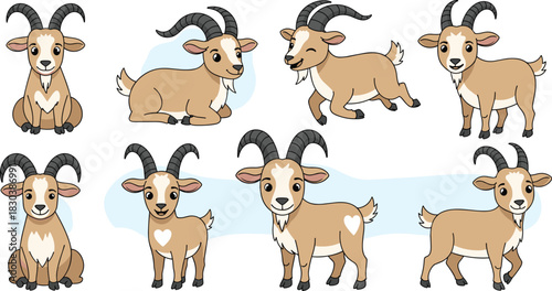 Collection of adorable cartoon goats in various poses isolated on white background cute farm animals with horns and friendly expressions, perfect for kids