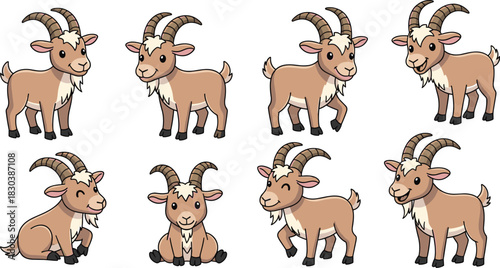 A delightful collection of cartoon goats isolated on white background, showcasing their playful charm and endearing expressions in various poses and angles