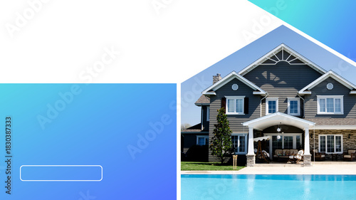Modern real estate promotional banner featuring luxury residential house with swimming pool and clean gradient layout for property listings, home sales, and agency marketing designs