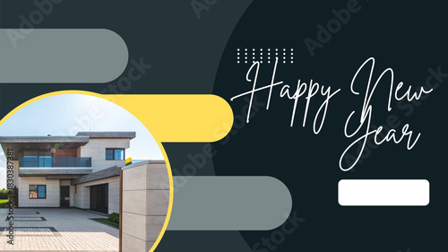 Modern luxury house displayed inside stylish geometric New Year greeting banner design representing celebration, real estate promotion, holiday wishes, and contemporary branding concepts