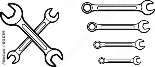Detailed black and white illustration of crossed wrenches and multiple tool spanners, symbolizing repair, maintenance, mechanics, engineering and professional hardware work