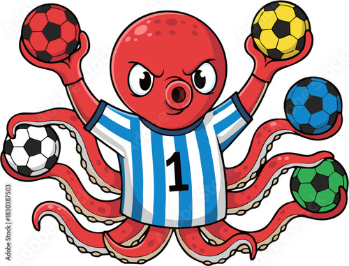Octopus Goalkeeper Catching Four Soccer Balls Vector