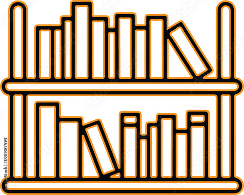 Stylized illustration of a wooden bookshelf filled with books