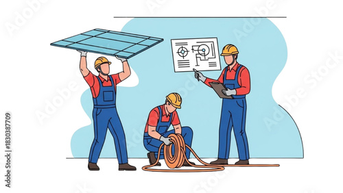 Colorful Construction Worker Outline Set – Lifting Panel, Coiling Cable, Pointing Clipboard Line Art