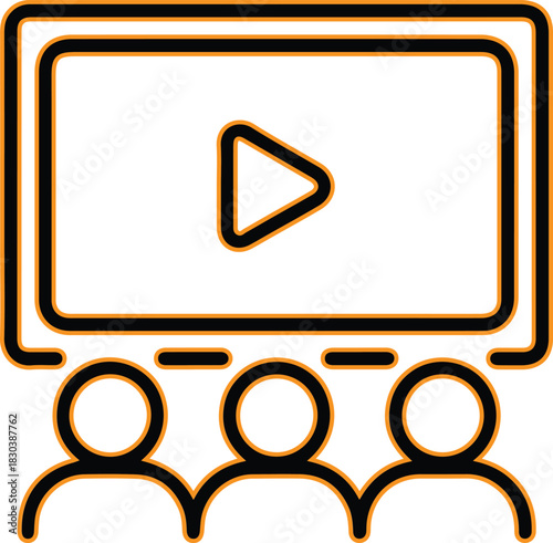 Simple line icon of a movie screen with play button and audience