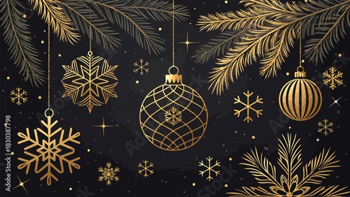 Christmas elegant christmas design with golden ornaments snowflakes and fir branches on black background