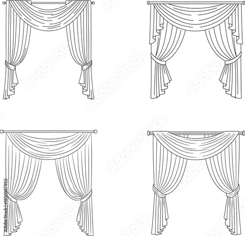 Four decorative draped window curtain silhouettes silhouette