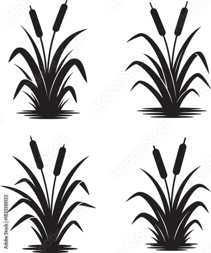 Four black silhouette illustrations of cattail plants