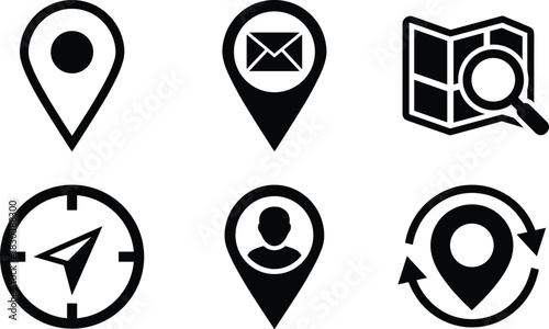 Navigation, Location, and Contact Glyphs Set: Map Pointer Pin, Email Address, Search Map, Compass Direction, User Profile, and Real-Time Tracking Circle Icons.