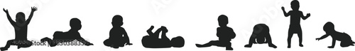 Vector collection of black silhouettes featuring cute babies and toddlers crawling sitting and walking isolated on a white background