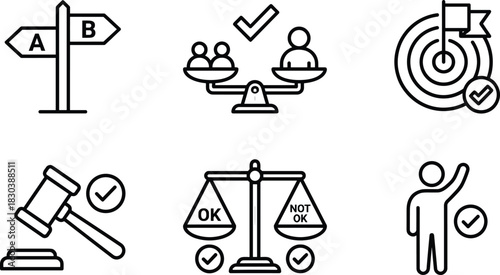 Minimal decision-making icons showing direction choices, balance scales, target achievement, legal approval, correct judgment, evaluation symbols in clean vector outline style