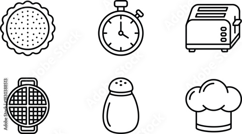 Collection of kitchen cooking line icons featuring pie, stopwatch, toaster, waffle maker, salt shaker, and chef hat for culinary design resources