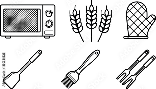 Kitchen cooking utensils and baking tools icons including microwave oven, wheat ingredients, spatula, basting brush, oven glove and forks