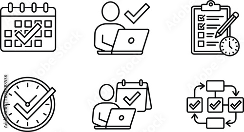 Task management and productivity icons with schedules, checkmarks, workflow planning, time tracking and organized work calendar illustrations for business efficiency