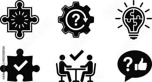Collection of puzzle problem-solving icons featuring question symbols, idea concepts, solution checkmarks, consultation graphics and creative thinking illustrations