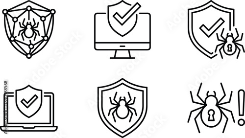 Cybersecurity protection icons with spider malware symbols, secure shield checkmarks, computer security warnings and digital threat detection illustrations