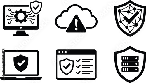 Collection of cybersecurity protection icons showing secure devices, cloud security alerts, data shield symbols, network protection and cyber safety concepts