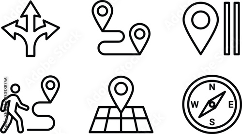 Collection of line navigation icons showing location pins, GPS routes, walking directions, compass and map symbols for travel and guidance