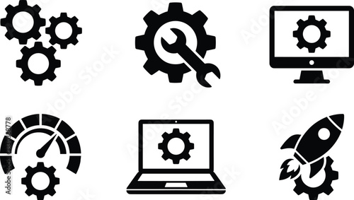 Set of technology and development icons featuring gears, settings, optimization, computer tools and startup concepts in bold solid style