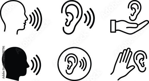 Set of listening and hearing icons showing ear, sound waves, speaking head, hand gesture and communication symbols in minimalist line style