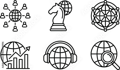 Global communication and strategy icon set featuring worldwide network connections, analytics growth chart, customer support, search analysis and international business symbols
