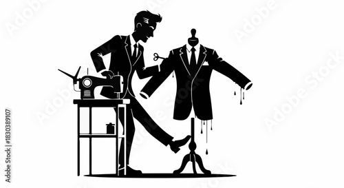 Skilled tailor meticulously crafting a bespoke suit on a mannequin with sewing machine detail
