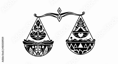 Elegant scales of justice symbolize balance, fairness, and harmony with a heart emblem representing love and compassion.